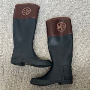 Tory Burch Navy Blue and Brown Tall Rain Boots